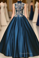 Blue Dreses Satins Lace Applique A Line Long Evening Prom Dresses