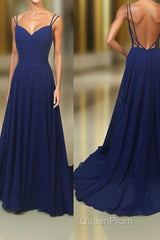 Simple A Line Spaghetti Straps Backless Royal Blue Long Evening Prom Dresses