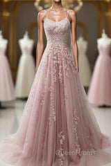 Pink Scoop Tulle Straps With Lace Long Evening Prom Dresses, Pink A-Line Formal Dresses