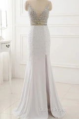 Evening Prom Dresses Evening Party Gowns Long Sexy High Slit Chiffon Crystal