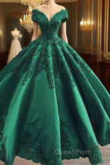 Evening Prom Dresses Elegant Green Satin Ball Gown Wedding Dresses Lace Embroidery Beaded Off The Shoulder For Bridal Party