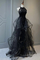 Evening Prom Dresses Sparkle & Shine Dresses Wedding Partysleeveless Halter Wednesday Addams Family Sequined With Crystals Sequin Ruffles