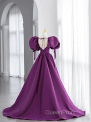 Puffy Sleeve Backless Satin Purple Backless Evening Prom Dresses