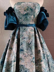 Puffy Sleeves Print Blue Quinceanera Evening Prom Dresses