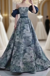 Puffy Sleeves Print Blue Quinceanera Evening Prom Dresses
