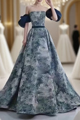 Puffy Sleeves Print Blue Quinceanera Evening Prom Dresses
