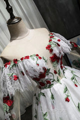 Puffy Long Sleeves Off the Shoulder Lace Tulle Evening Prom Dresses with Appliques