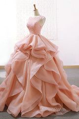 Puffy Tulle Long Evening Prom Dresses with Beading, A Line Sleeveless Party Gown