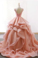 Puffy Tulle Long Evening Prom Dresses with Beading, A Line Sleeveless Party Gown