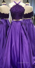 Purple 2 Piece Lace Evening Prom Dresses Halter Long Evening Gowns With Pockets
