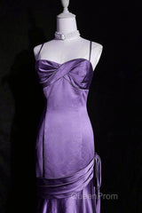 Purple A-Line Mermaid Straps Evening Dresses, Purple Satin Evening Prom Dresses Formal Dresses