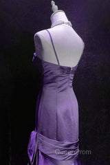 Purple A-Line Mermaid Straps Evening Dresses, Purple Satin Evening Prom Dresses Formal Dresses