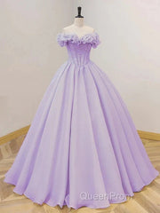 Purple A-Line Off Shoulder Long Ball Dresses Purple Dresses Evening Prom Dresses