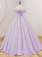 Purple A-Line Off Shoulder Long Prom Dresses, Purple Sweet 16 Dress