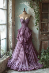 Purple A-Line Sweetheart Neck Tulle Beaded Long Evening Prom Dresses, Vintage Evening Dresses