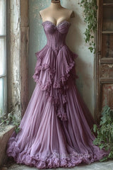 Purple A-Line Sweetheart Neck Tulle Beaded Long Evening Prom Dresses, Vintage Evening Dresses