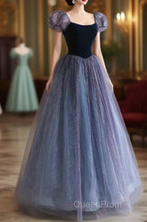Purple A-Line Tulle Long Evening Prom Dresses, Purple Formal Dresses