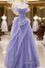 Purple A-Line Tulle Off Shoulder Long Evening Prom Dresses, Purple Lace Evening Dresses