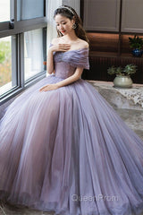 Purple Beaded Tulle Ball Gown Formal Dresses, Off Shoulder Sweet 16 Formal Dresses