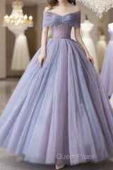 Purple Beaded Tulle Ball Gown Formal Dresses, Off Shoulder Sweet 16 Formal Dresses