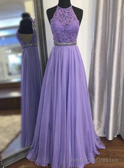 Purple Chiffon Lace Halter Beading Prom Dress