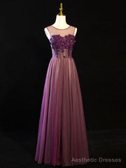 Purple Floral Long Lace Prom Dresses, Purple Floral Long Lace Formal Evening Dresses