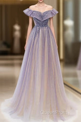 Purple Gradient A-Line Beaded Tulle Long Evening Prom Dresses, Floor Length Purple Evening Dresses