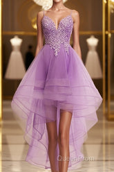 Purple High Low Lace Evening Prom Dresses, Light Purple High Low Lace Formal Homecoming Dresses