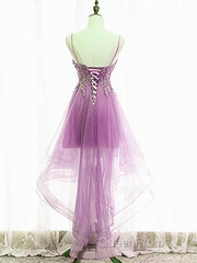 Purple High Low Lace Evening Prom Dresses, Light Purple High Low Lace Formal Homecoming Dresses