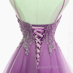 Purple High Low Lace Evening Prom Dresses, Light Purple High Low Lace Formal Homecoming Dresses