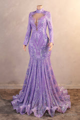 Purple Mermaid Prom Dresses Hight Neck Sequins Long Sleeve Evening Dresses
