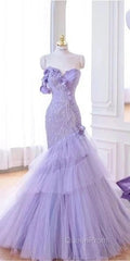 Purple Mermaid Sweetheart Neck Tulle Beaded Long Evening Prom Dresses Strapless Sequin Applique Wedding Dresses