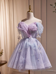 Purple Off Shoulder Tulle Short Prom Dress, Purple Homecoming Dress