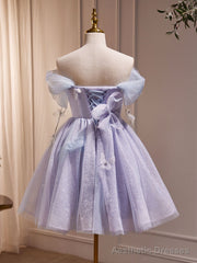 Purple Off Shoulder Tulle Short Prom Dress, Purple Homecoming Dress