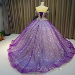 Purple Off The Shoulder Ball Gown , Bling Bling Evening Prom Dresses