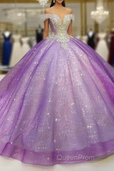 Purple Off The Shoulder Ball Gown , Bling Bling Evening Prom Dresses