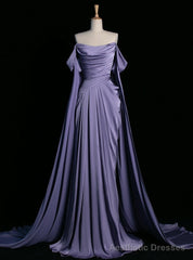 Purple Off the Shoulder Pleats Prom Dress