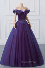 Purple Off-The-Shoulder Sweetheart Party Dresses, Beaded Flowers Ball Gown Tulle Evening Prom Dresses