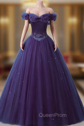 Purple Off-The-Shoulder Sweetheart Party Dresses, Beaded Flowers Ball Gown Tulle Evening Prom Dresses