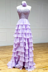 Purple Ruffle Chiffon Halter Prom Dress