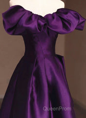 Purple Satin A-Line Off Shoulder Long Evening Dresses, Purple Satin Evening Prom Dresses