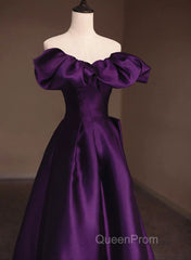 Purple Satin A-Line Off Shoulder Long Evening Dresses, Purple Satin Evening Prom Dresses