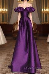 Purple Satin A-Line Off Shoulder Long Evening Dresses, Purple Satin Evening Prom Dresses
