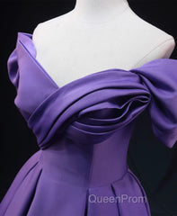 Purple Satin A-Line Off Shoulder Long Party Dresses, Purple Evening Dresses Evening Prom Dresses