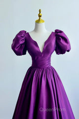 Purple Satin A-Line Short Sleeves Long Formal Dresses, Purple Evening Dresses Evening Prom Dresses