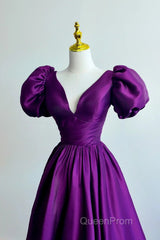Purple Satin A-Line Short Sleeves Long Formal Dresses, Purple Evening Dresses Evening Prom Dresses