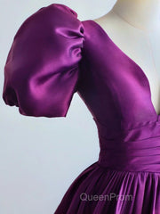 Purple Satin A-Line Short Sleeves Long Formal Dresses, Purple Evening Dresses Evening Prom Dresses