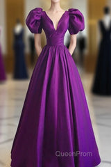 Purple Satin A-Line Short Sleeves Long Formal Dresses, Purple Evening Dresses Evening Prom Dresses