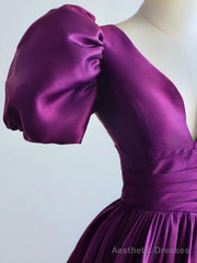 Purple Satin A-line Short Sleeves Long Formal Dress, Purple Prom Dress