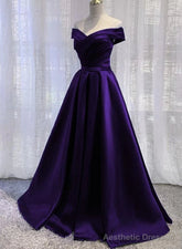Purple Satin Off Shoulder Long Prom Dress, A-line Simple Purple Formal Dress